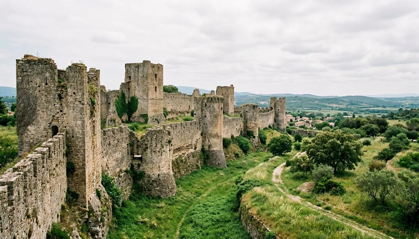 The massive crumbling stone towers and land walls of an ancient city running along a grassy moat under a pale sky