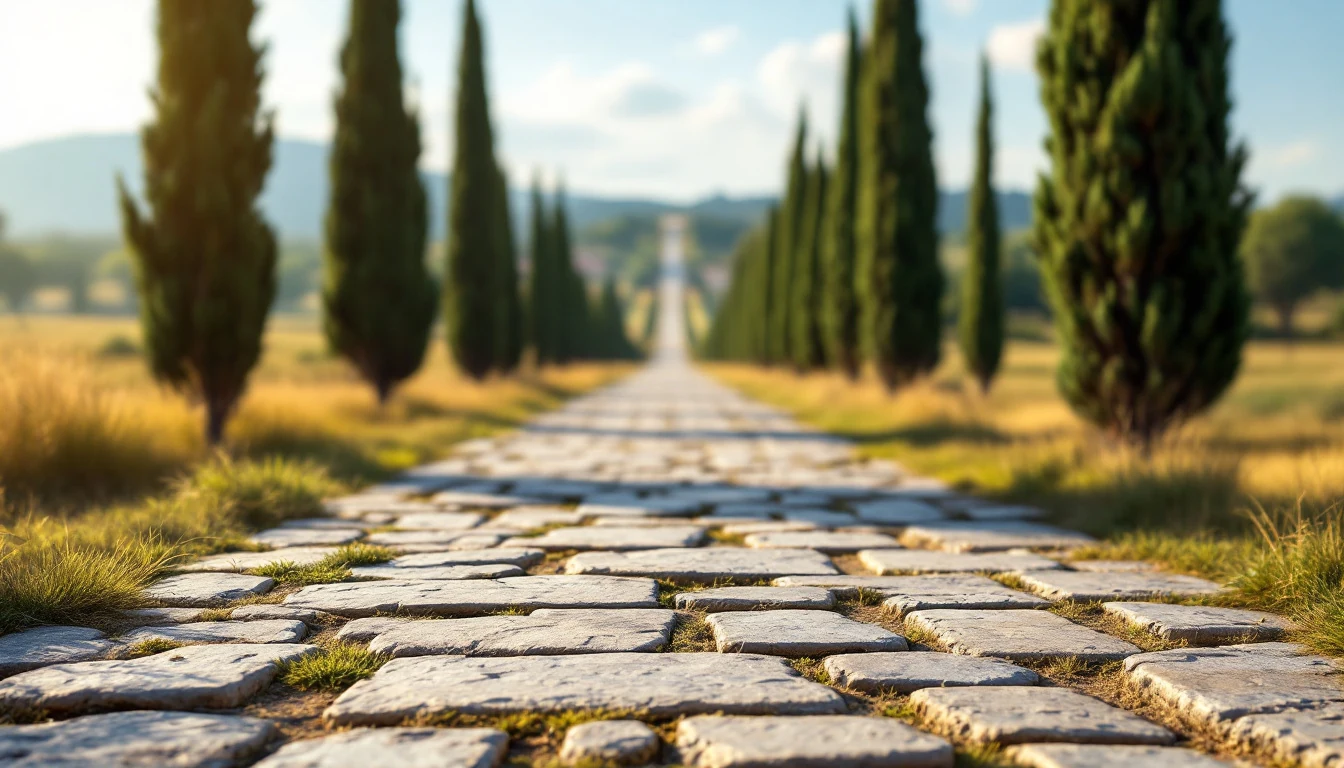A stone-paved pathway lined with tall, narrow trees extending into the distance under a bright sky