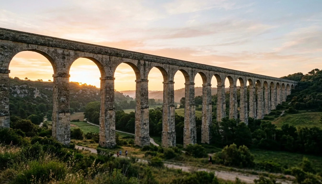 A tall ancient Roman stone aqueduct with a long row of arches crossing a green valley at sunrise