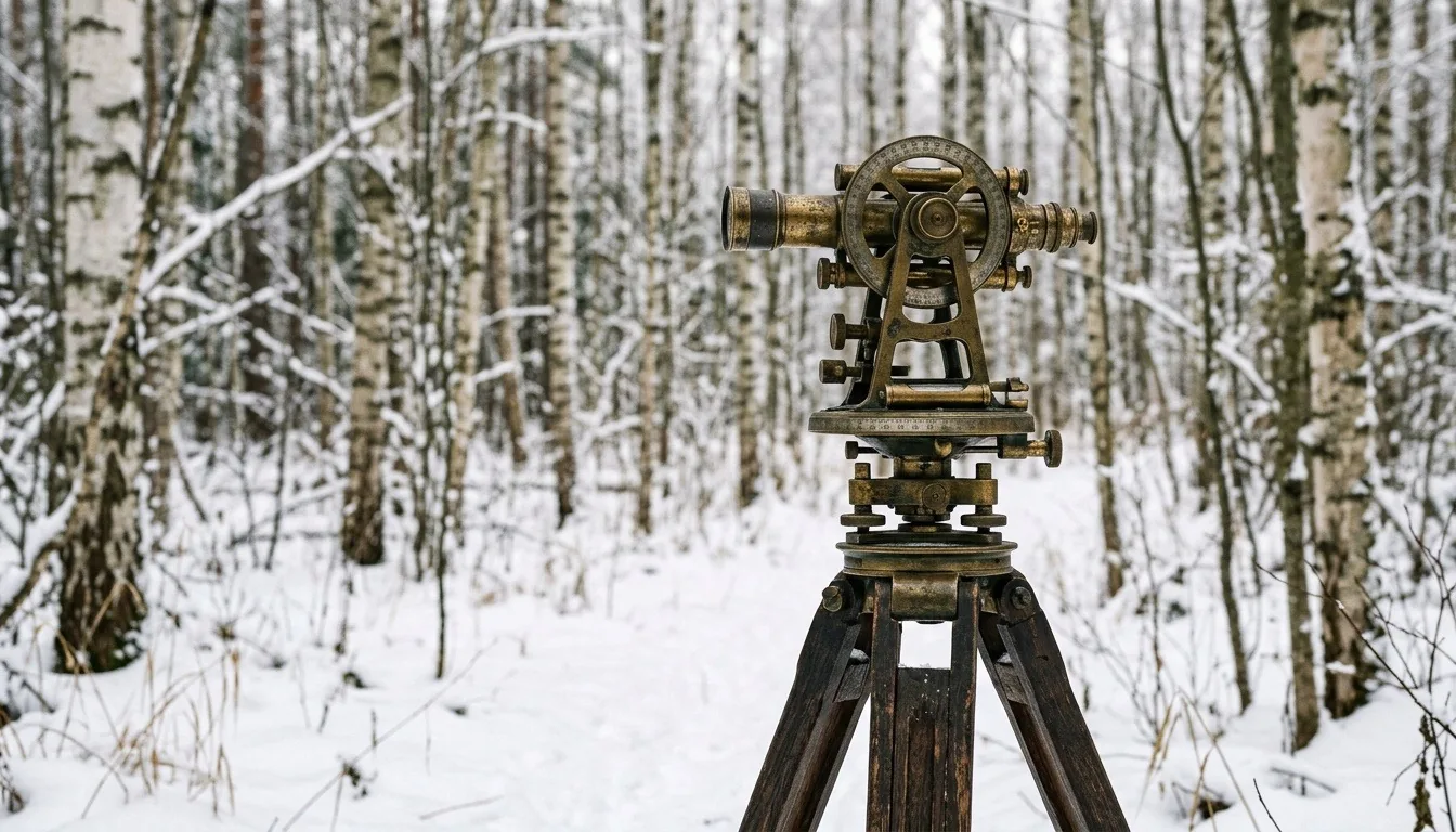 An antique brass surveyor's theodolite on a wooden tripod in a snowy birch forest clearing