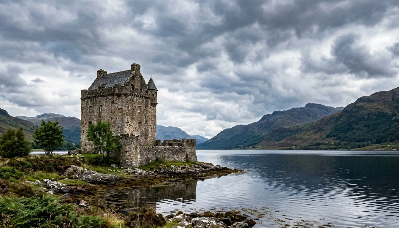 A tall stone Scottish tower house castle beside a loch under dramatic clouds