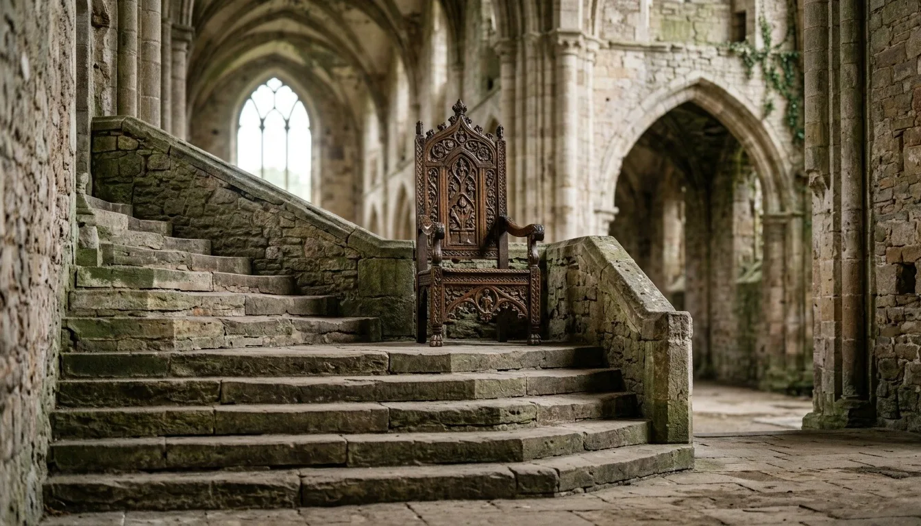 A single ornate high-backed carved wooden chair standing alone at the top of stone steps in an empty medieval abbey