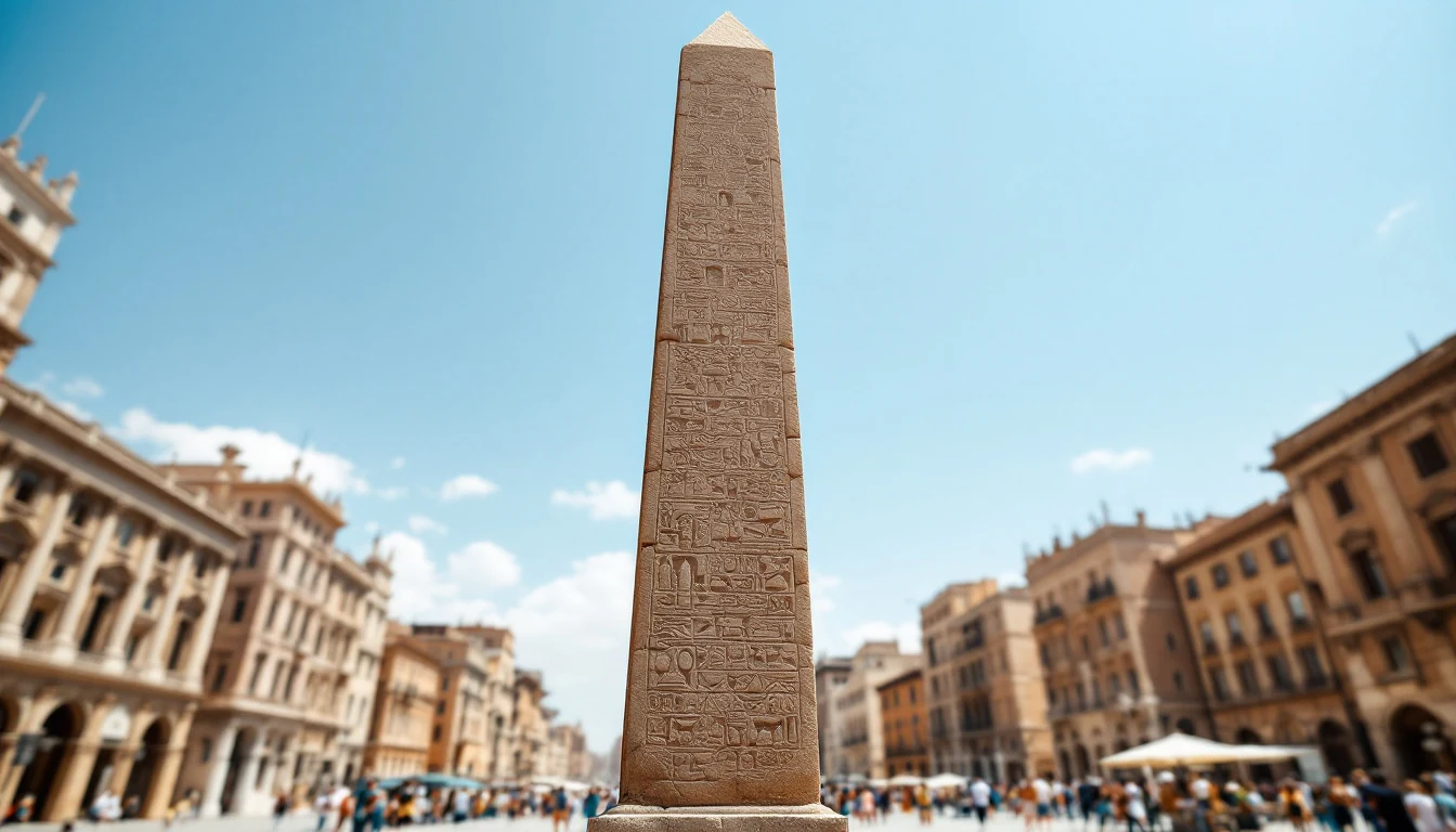 A tall ancient obelisk with carvings standing in a busy city square with historic buildings and people in the background under a blue sky