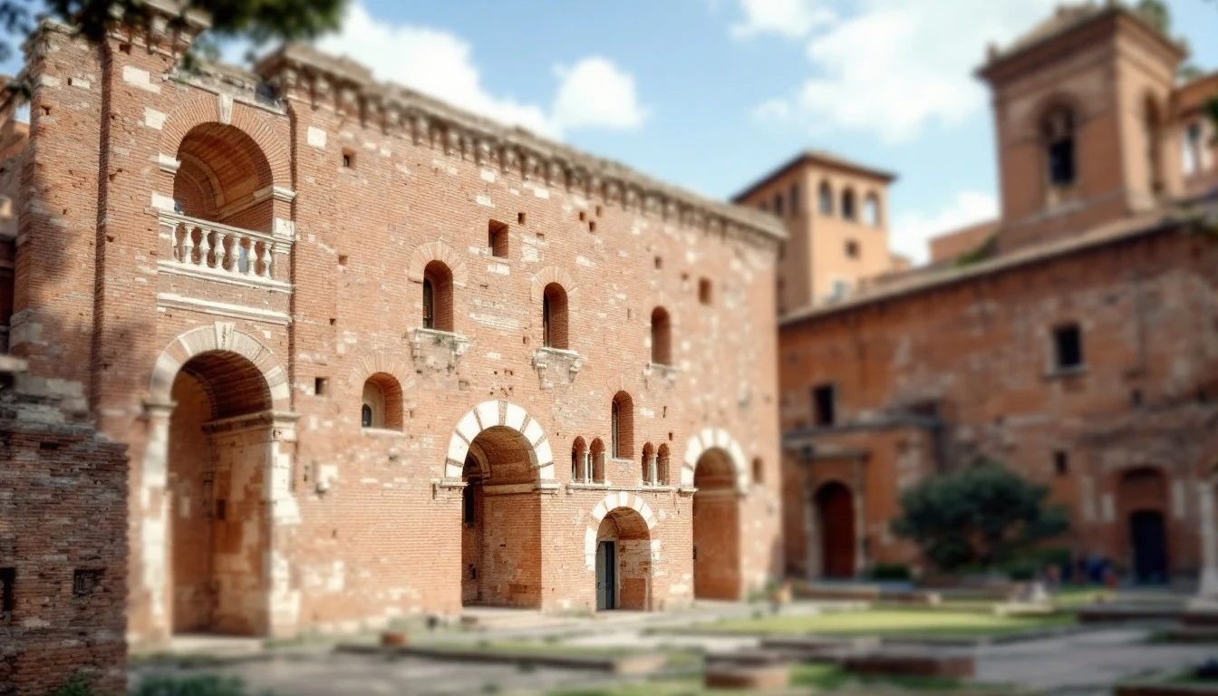 An old brick building with multiple archways and small windows under a partly cloudy sky