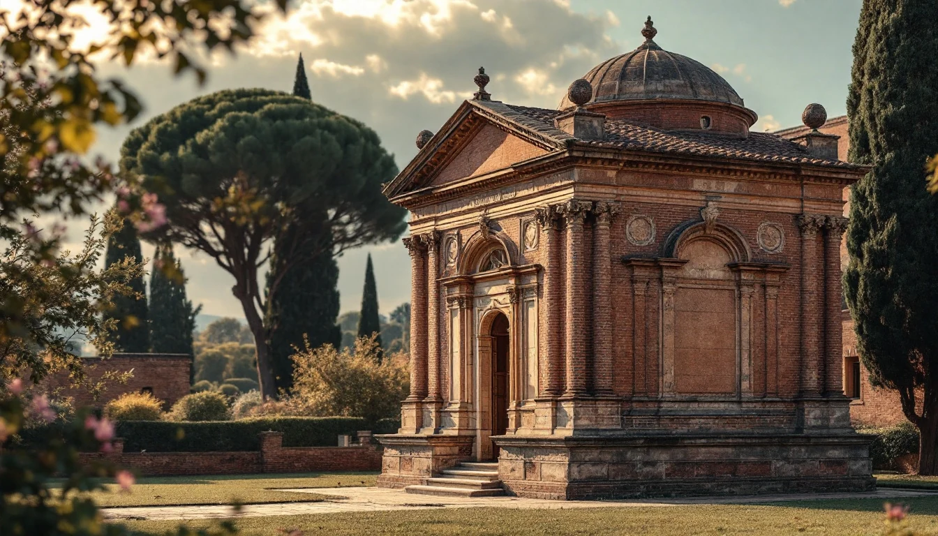 A classical stone building with columns and a dome surrounded by trees and a garden in soft natural light