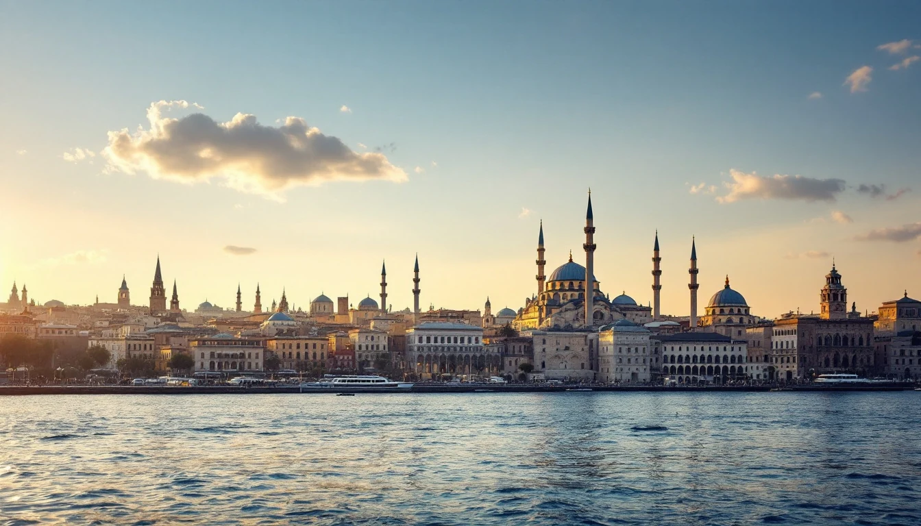 A city skyline with multiple mosques and minarets by the water at sunset