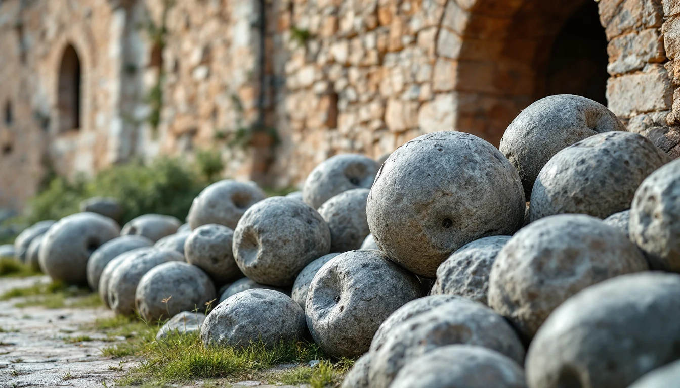 A pile of large round stone cannonballs stacked near an old stone wall with arched windows