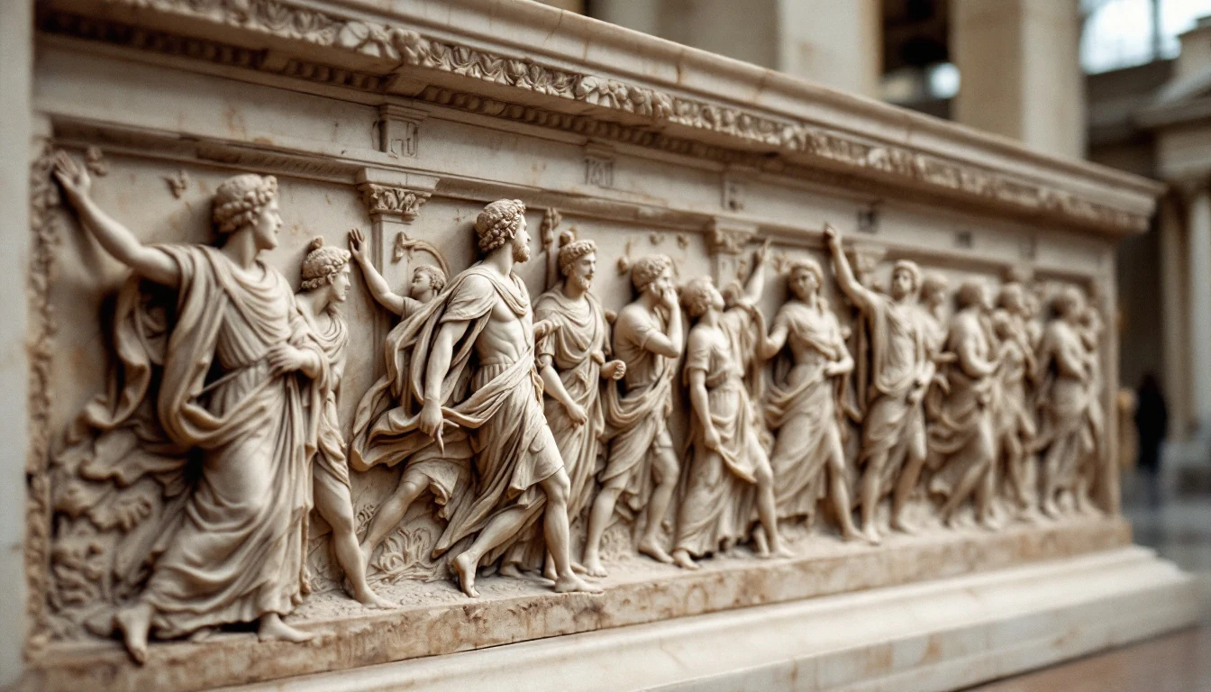 A detailed stone relief sculpture depicting a line of robed figures in various poses