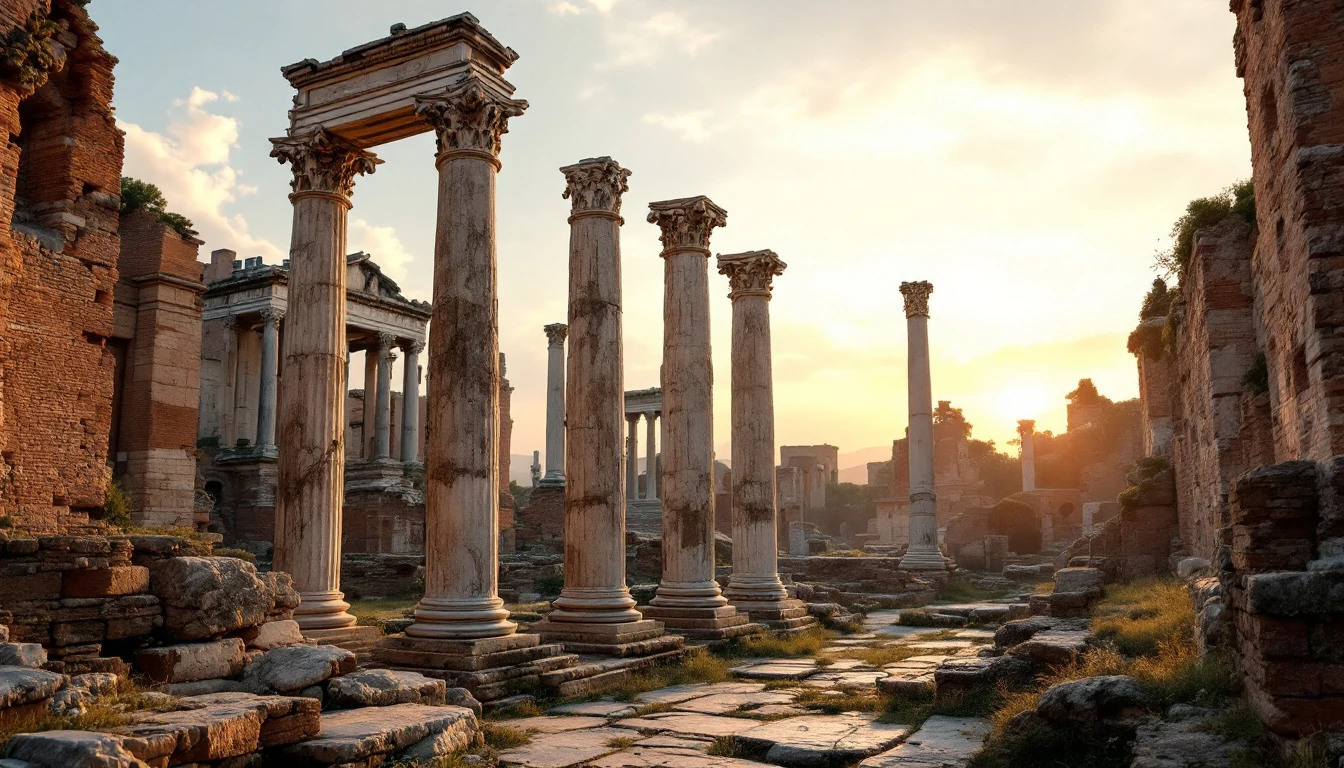 Ancient Roman ruins with tall stone columns and a paved pathway at sunset