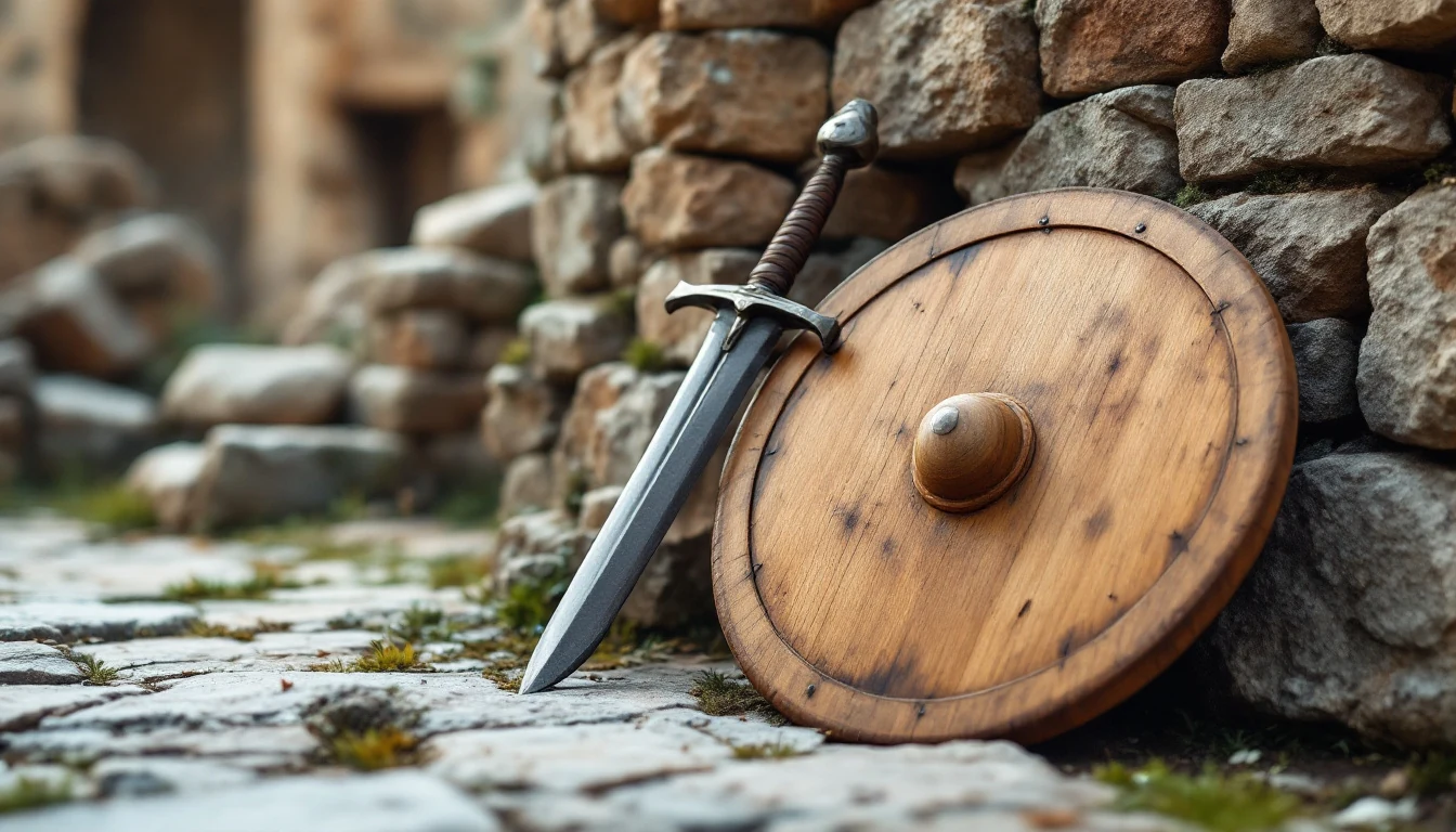 A sword leaning against a round wooden shield resting on a stone pathway next to a stone wall