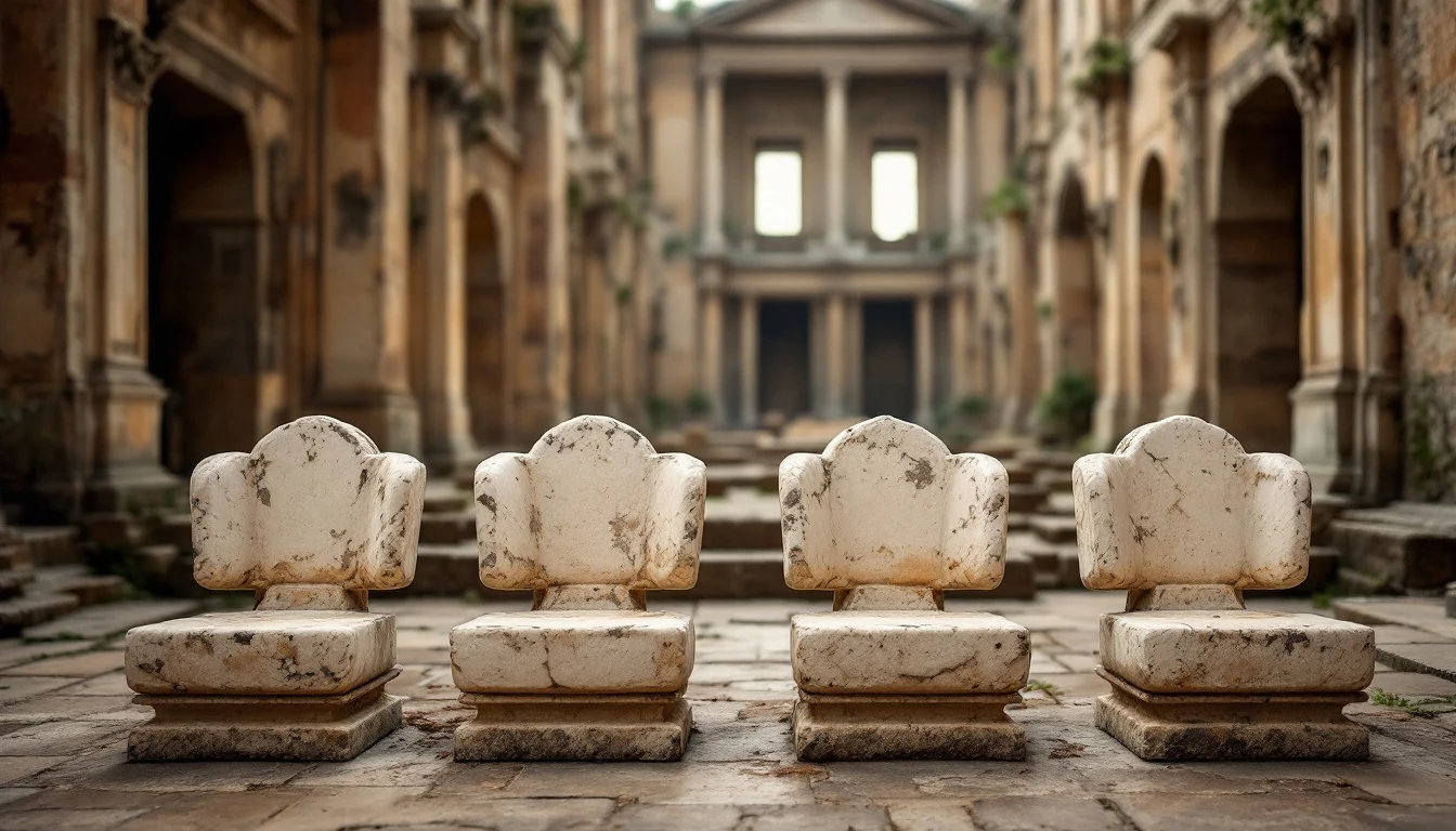 Four old stone chairs arranged in a row inside a historic building with stone arches and columns
