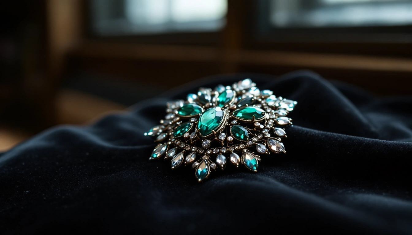 A jewelled brooch with green stones resting on dark velvet