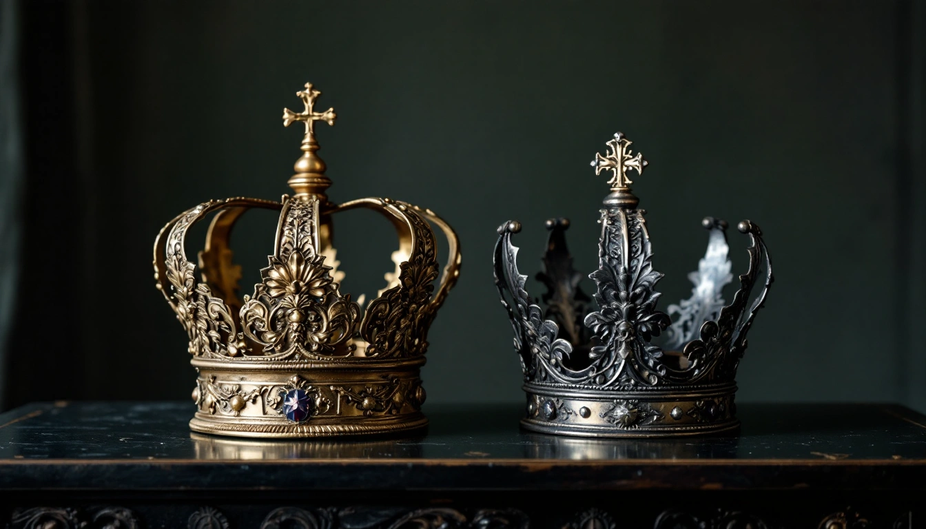 A gold crown and a silver crown side by side on a dark ledge