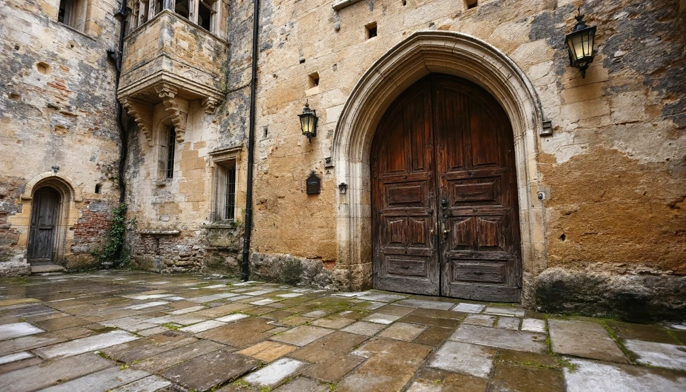 A weathered stone castle courtyard with an arched wooden door