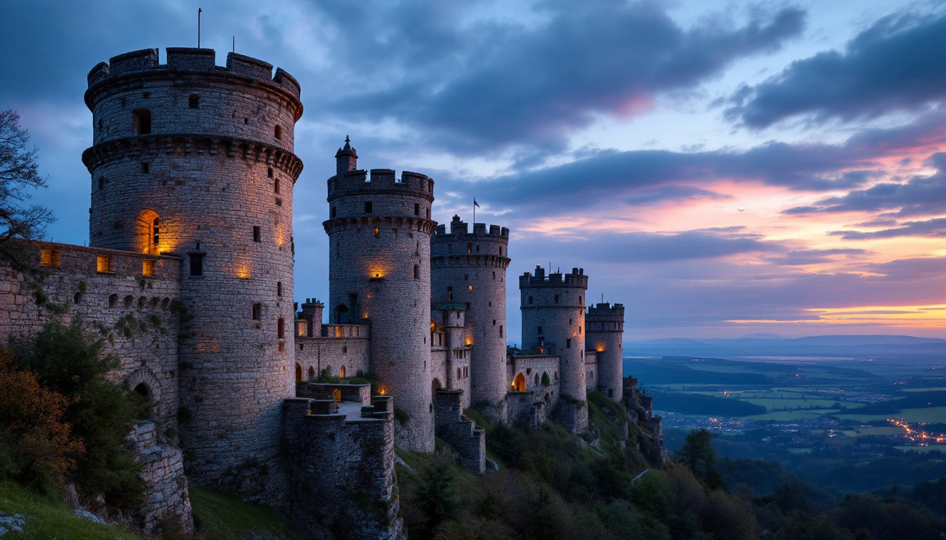Castle towers and battlements on a hillside at dusk