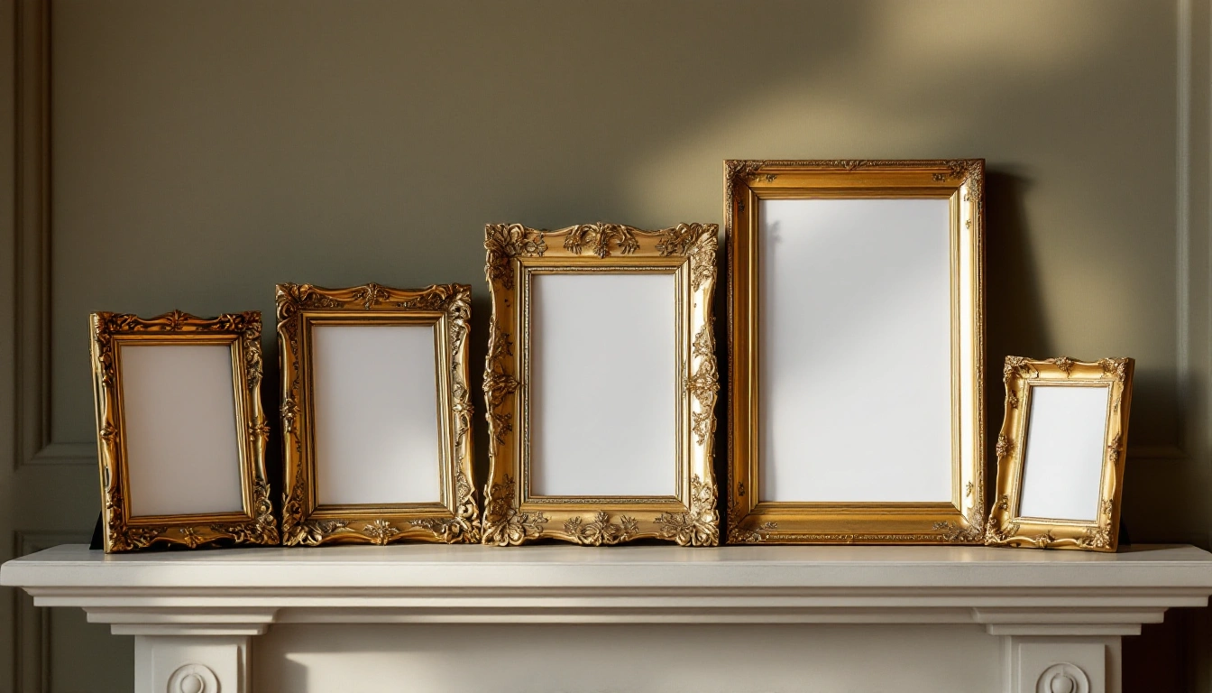 Five empty gilt picture frames of different sizes arranged on a white mantelpiece