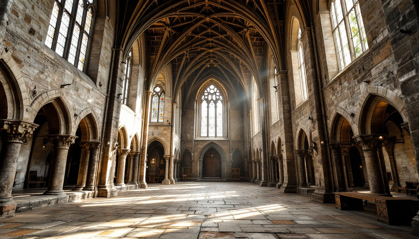 A vaulted medieval stone hall lit by sunlight through Gothic windows