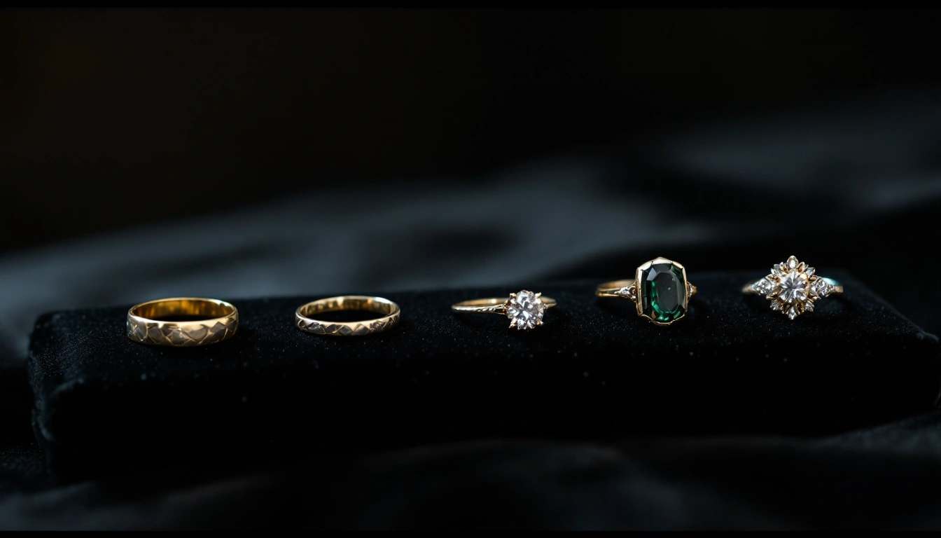 A row of six antique rings set with stones on black velvet