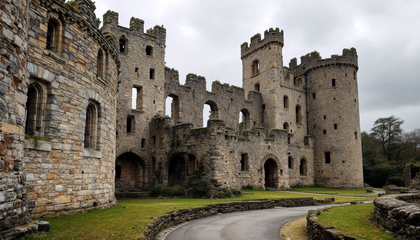 Ruined stone castle towers and curtain walls under a grey sky