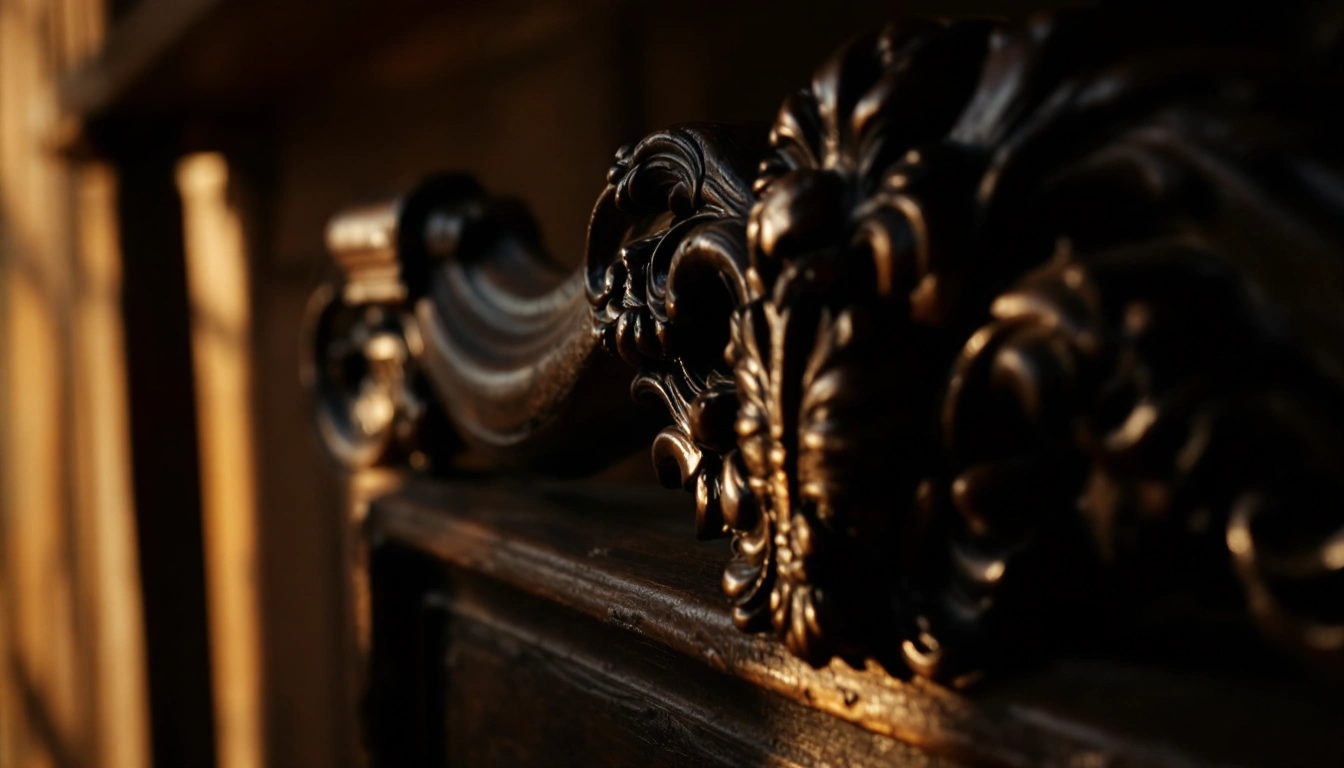 Close-up of dark carved wood ornament on an old chair back