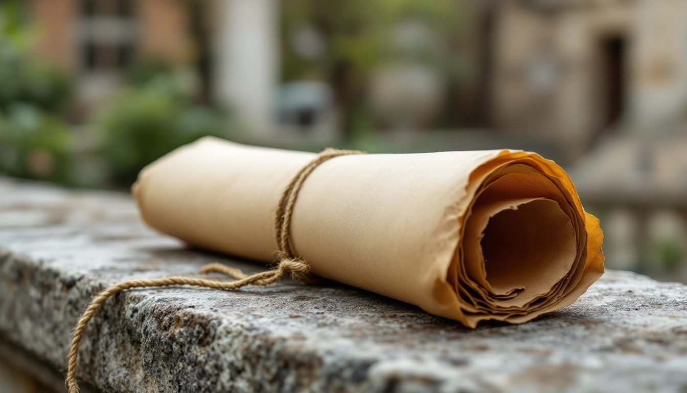 A rolled parchment tied with cord resting on a stone ledge