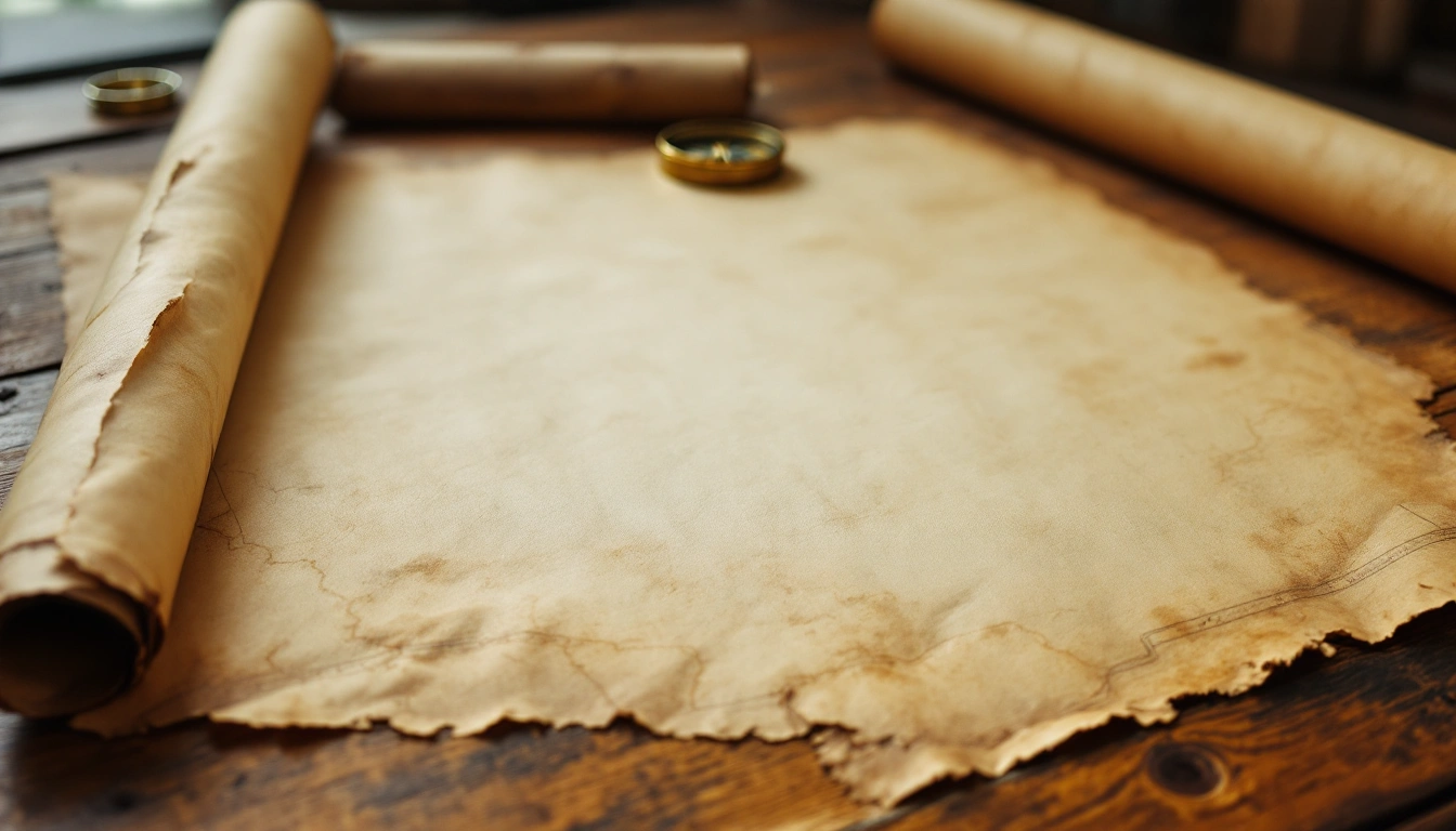 Blank sheets of aged parchment spread across a dark wooden table