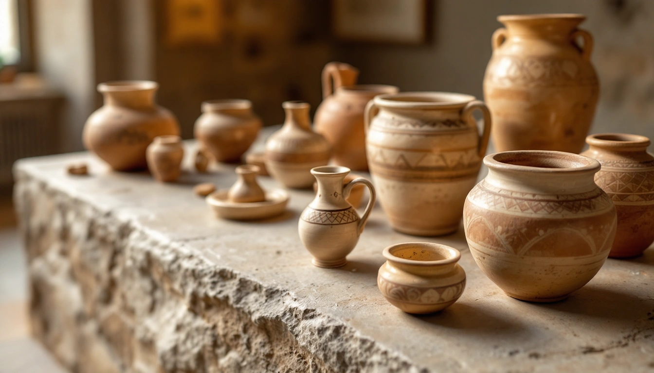 A row of clay pots and jugs of different sizes on a stone ledge