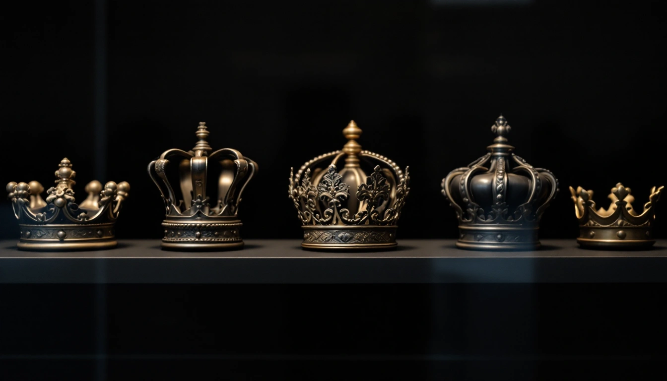 A row of antique crowns of different styles displayed on a dark shelf