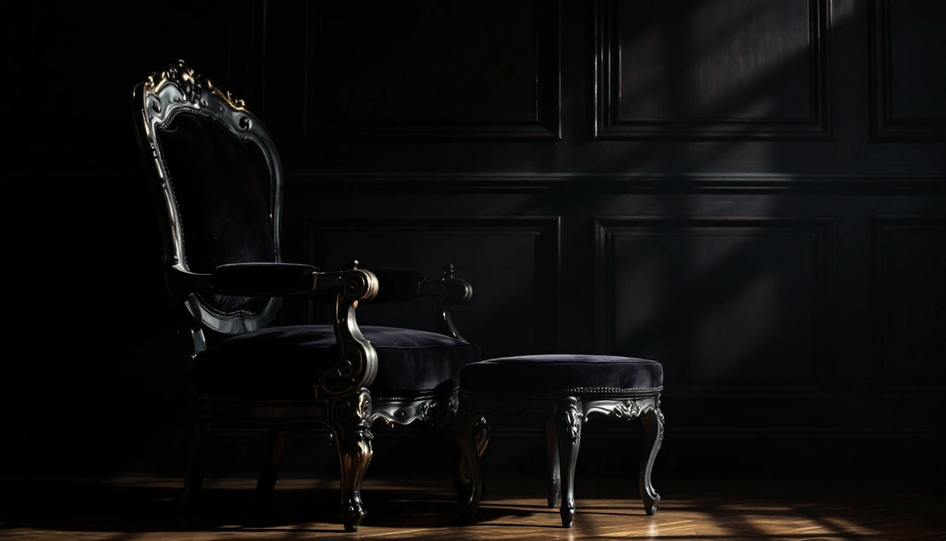An ornate dark armchair and footstool in a dimly lit panelled room