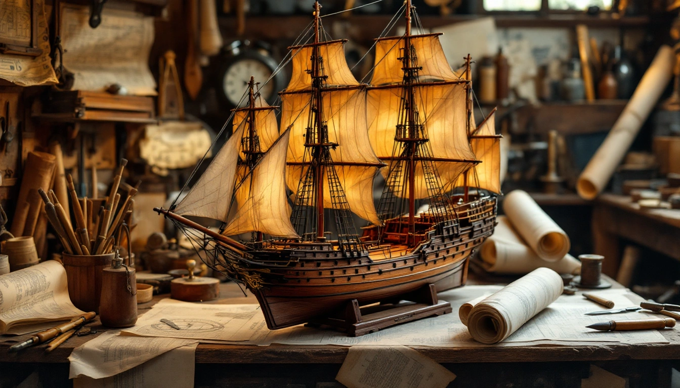 A model sailing ship on a workbench surrounded by tools and rolled plans