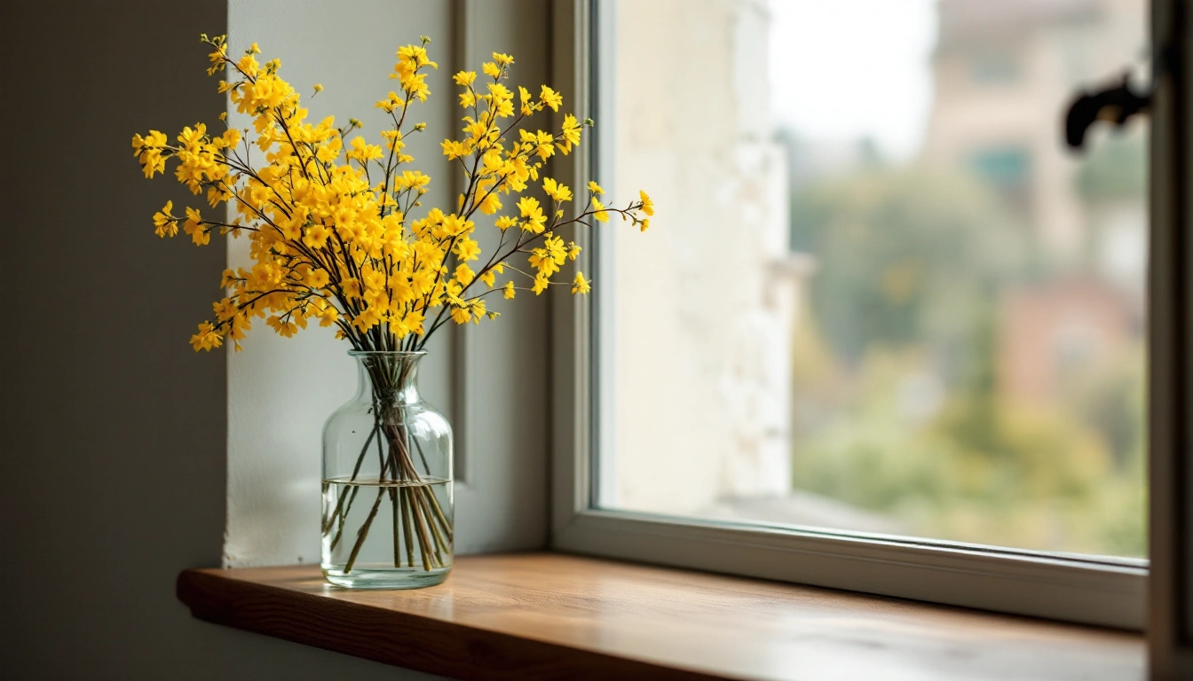 A sprig of yellow flowering broom in a glass vase on a windowsill