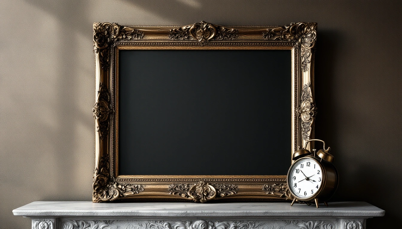 An ornate gilt picture frame with a dark blank panel beside a small clock on a mantel