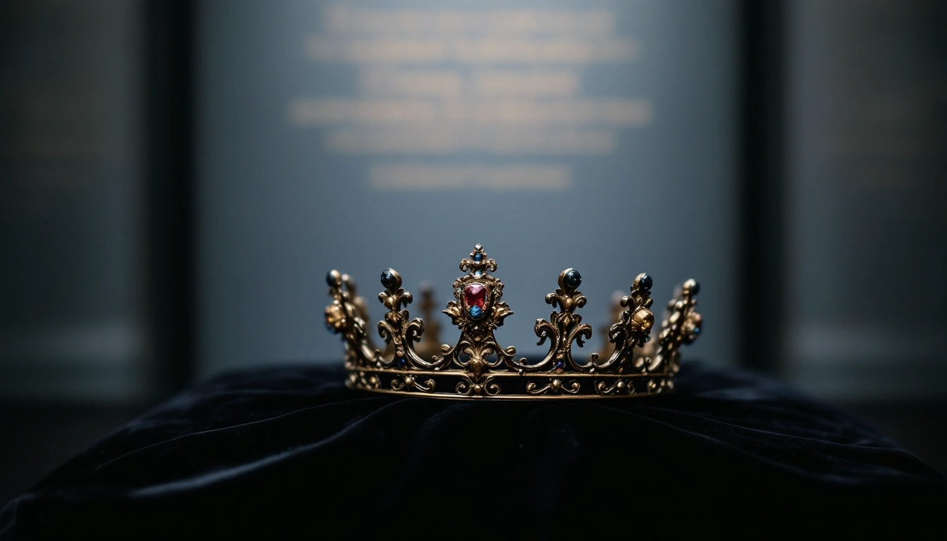 A jewelled gold crown resting on a dark cushion in low light