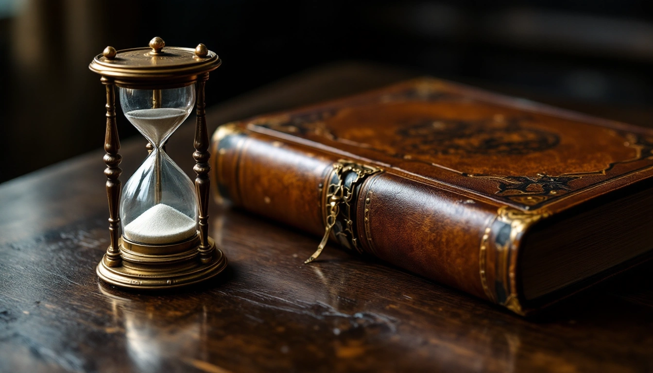 A brass hourglass beside a worn leather-bound book on a dark table