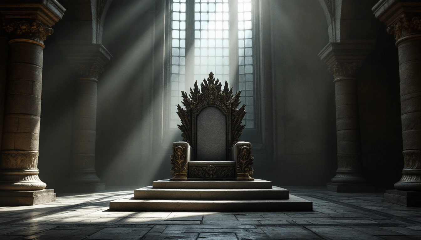 A stone throne in a columned hall lit by a shaft of light