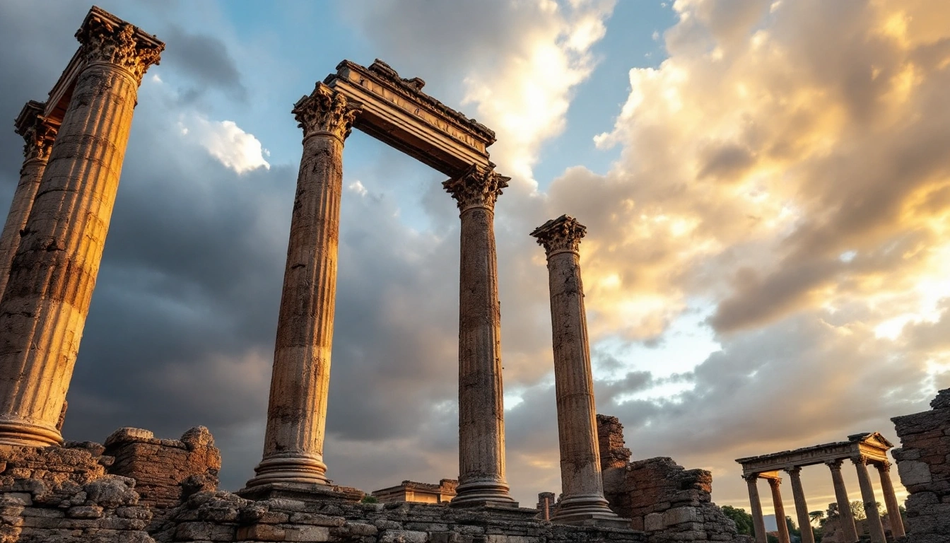 Ruined Roman columns standing against a sunset sky