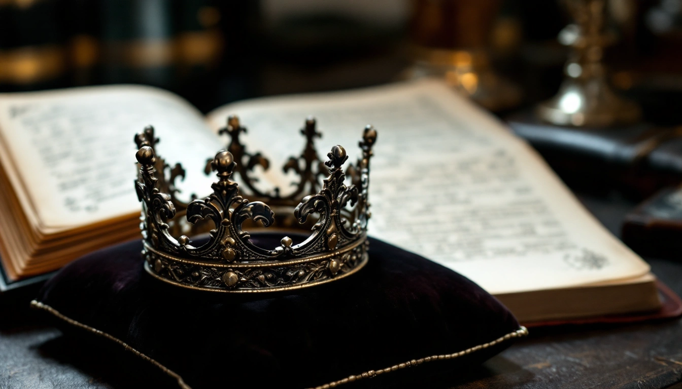 A jewelled crown on a dark cushion beside an open old book