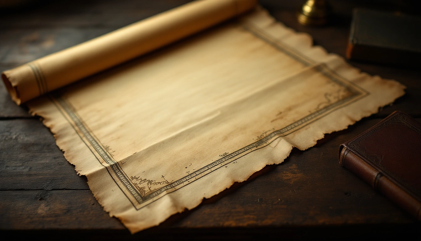 An unrolled sheet of old parchment with a printed border on a wooden table
