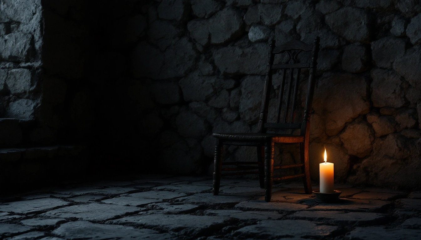 A plain wooden chair and a lit candle in a bare stone cellar