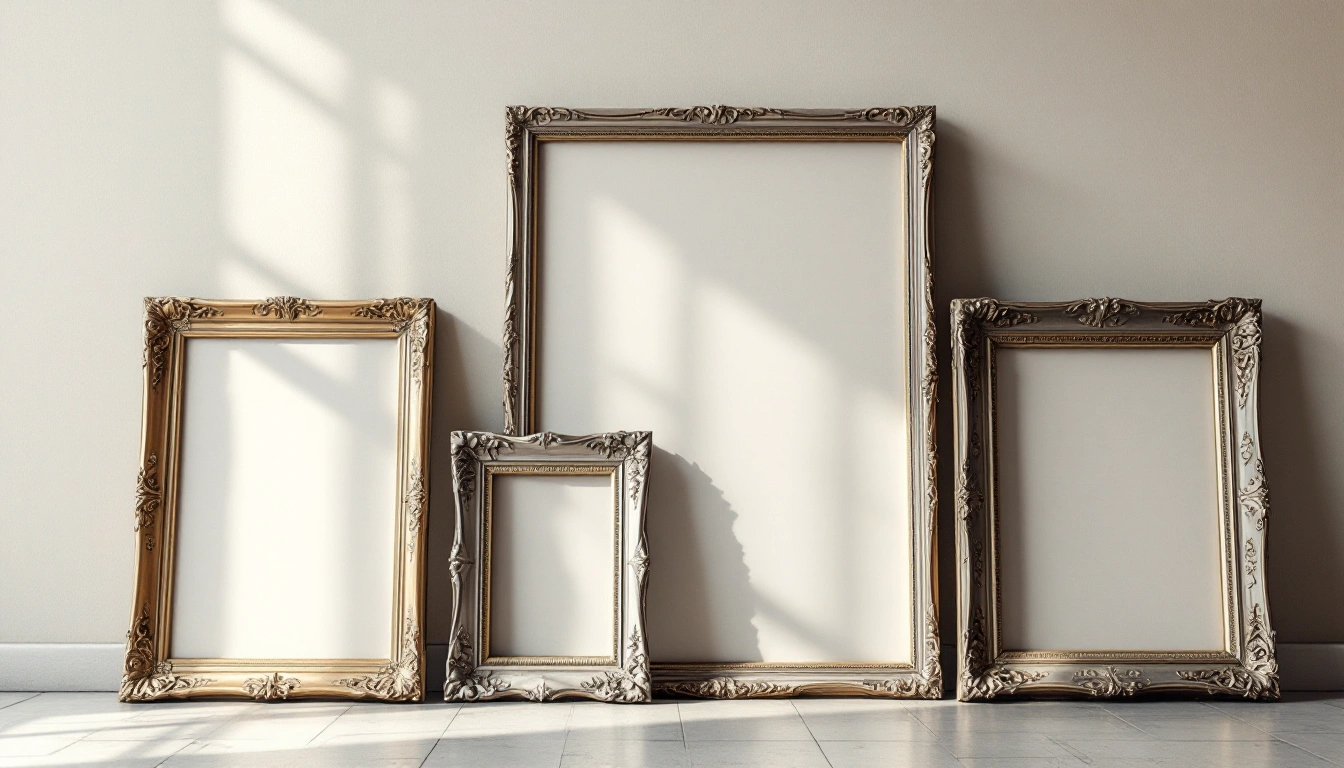 Several empty gilt picture frames leaning against a pale wall