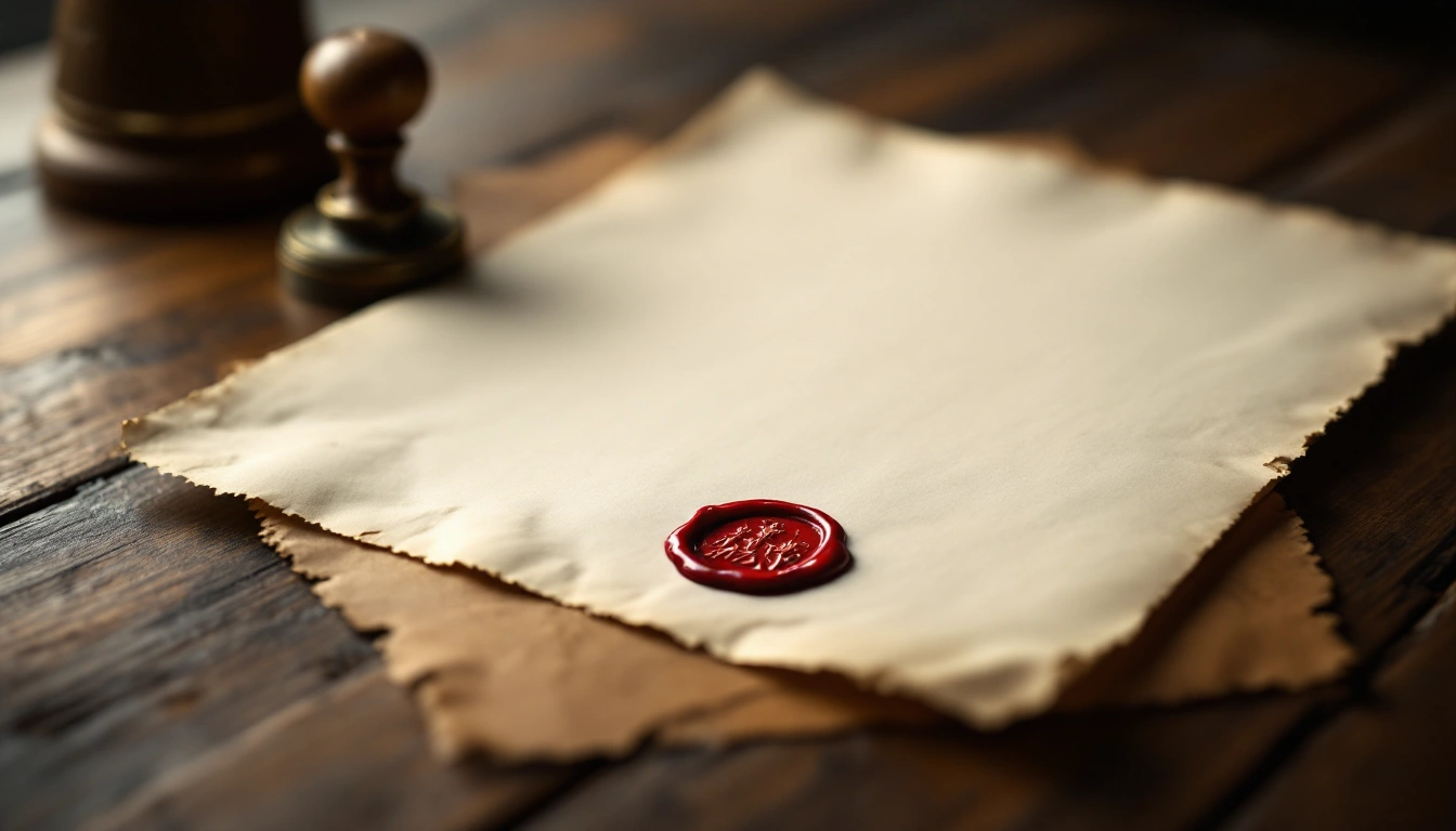 A sheet of blank paper sealed with red wax on a wooden desk