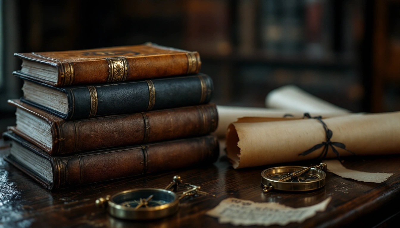 A stack of old leather-bound books beside rolled documents and a brass compass