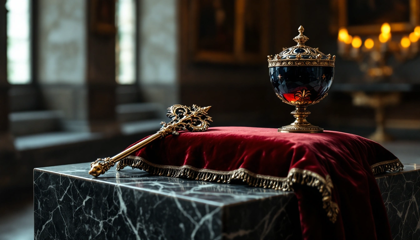 A jewelled orb and a gold sceptre resting on a red velvet cushion