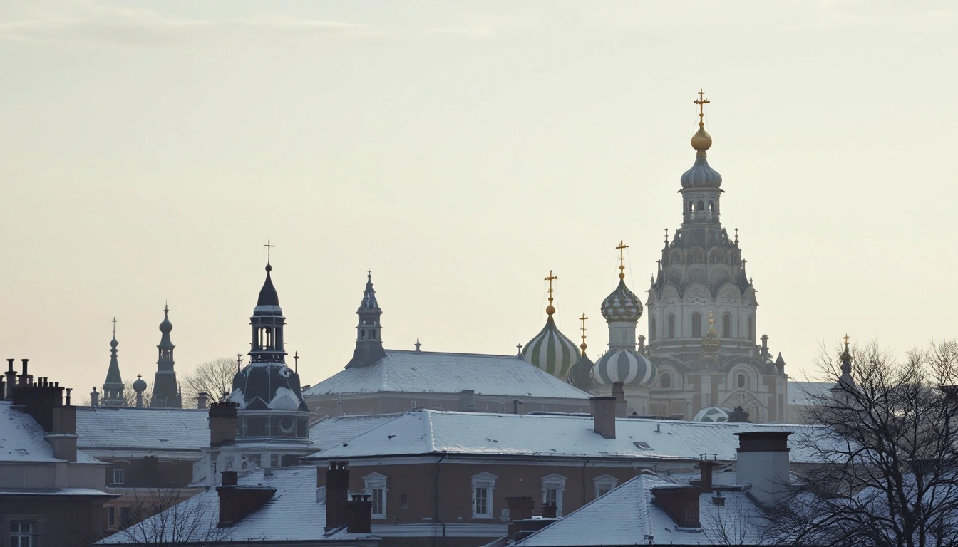Snow-covered rooftops and onion-domed church towers in pale winter light