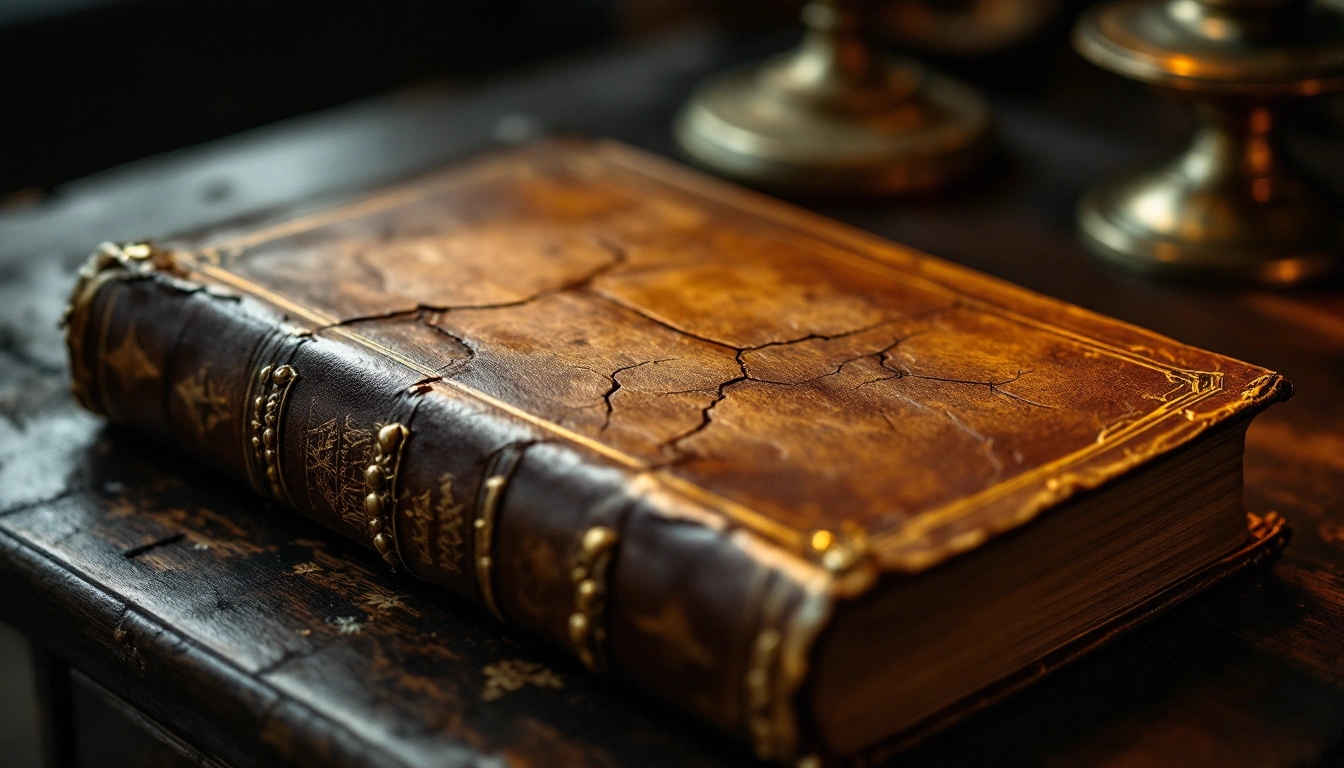 A worn leather-bound book with a cracked gilt cover on a wooden table