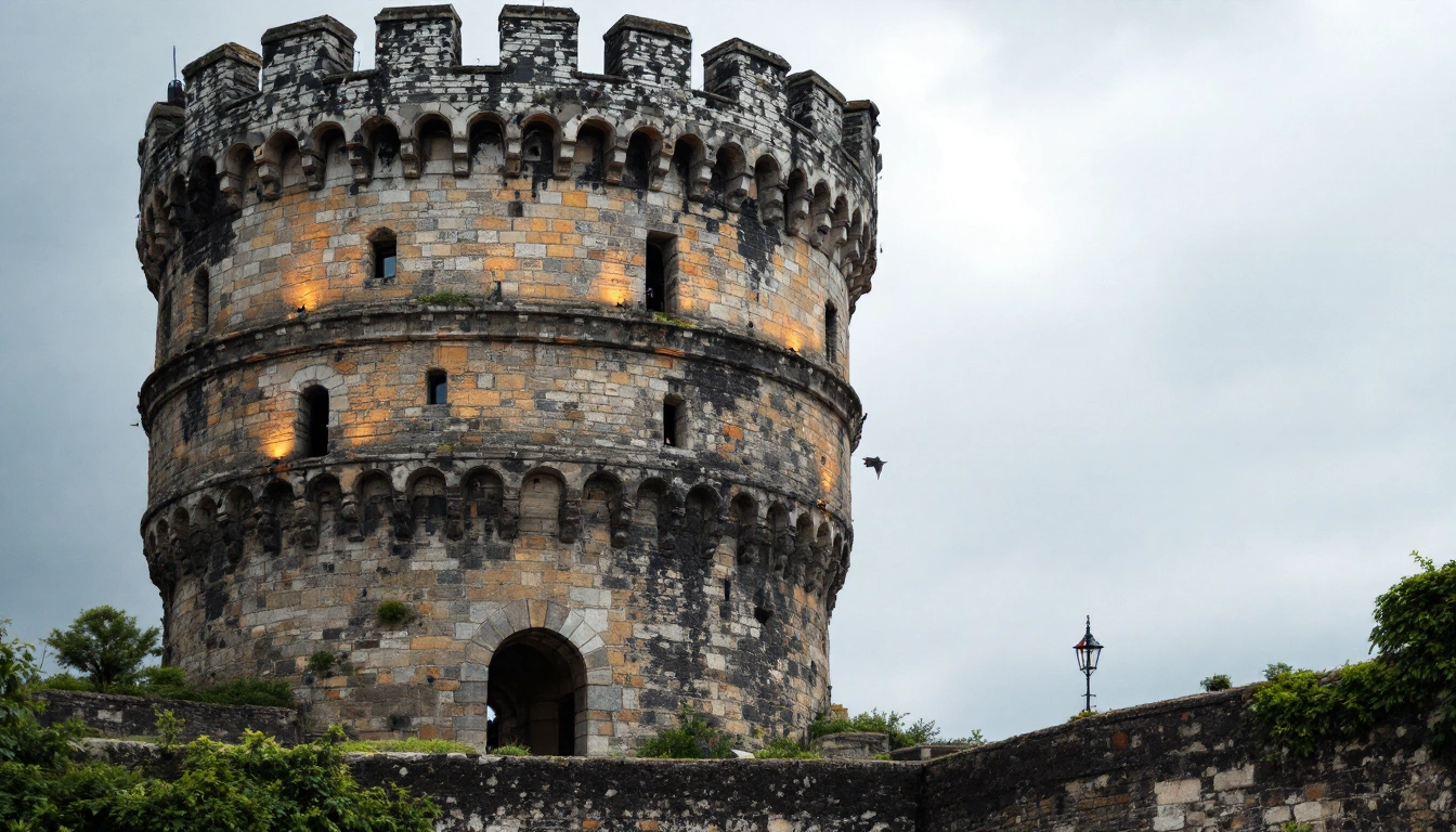 A round medieval stone tower with battlements against a cloudy sky