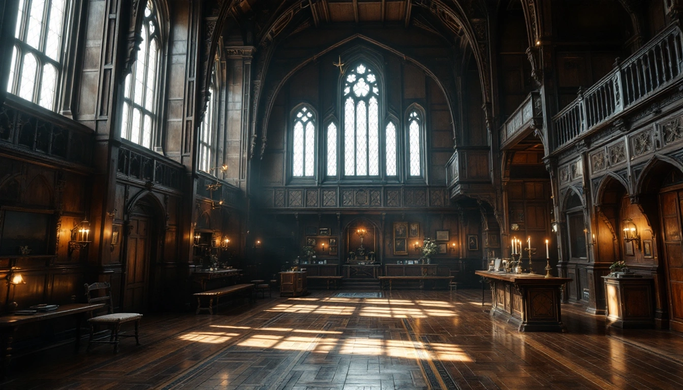 A wood-panelled great hall with a tall Gothic window and hanging chandeliers