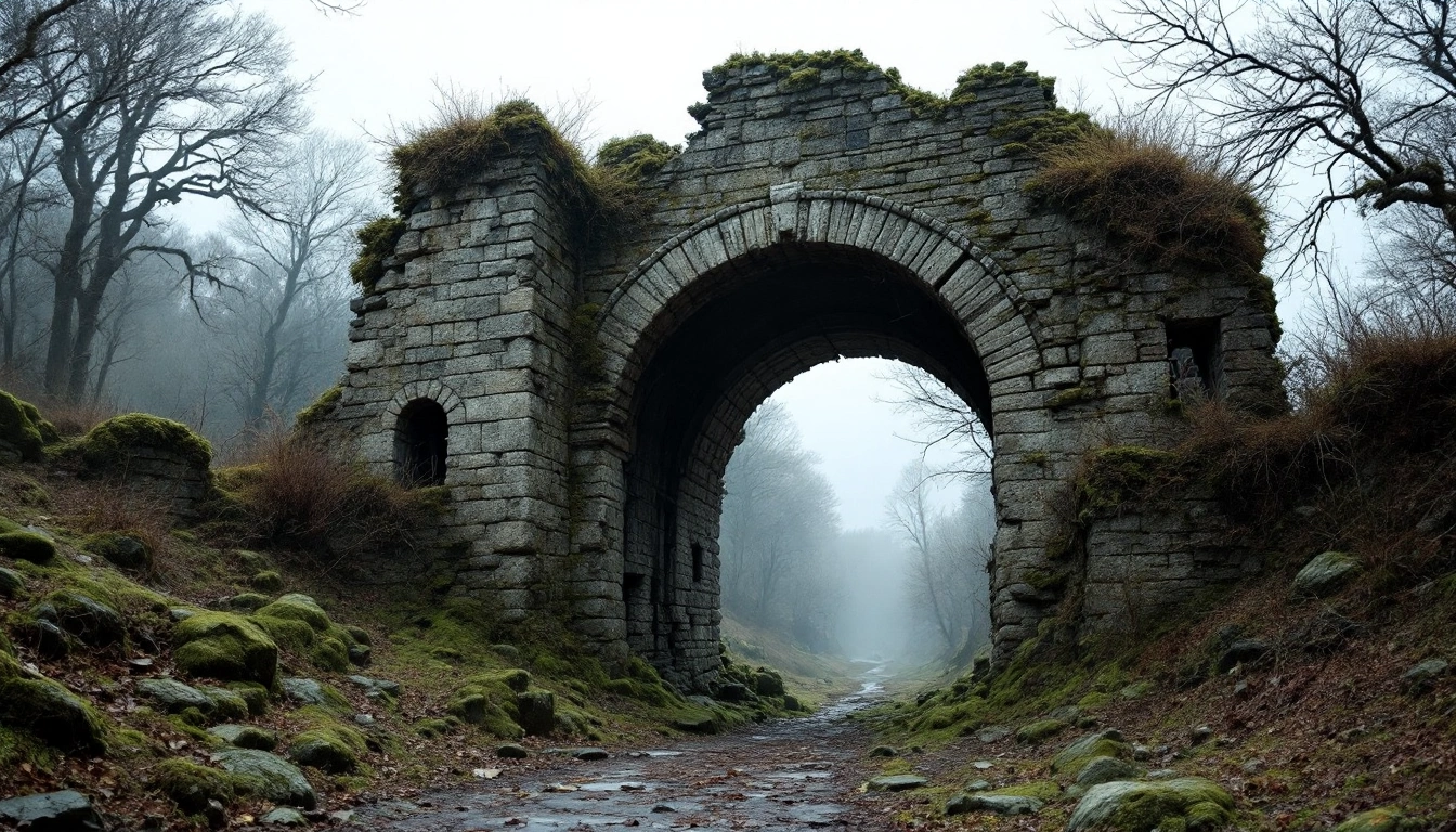 A ruined stone archway overgrown with moss in a misty forest