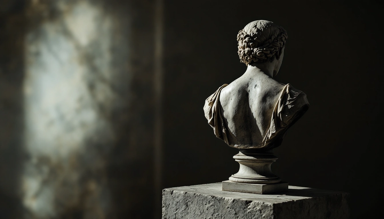 A marble portrait bust on a stone plinth in a dark room